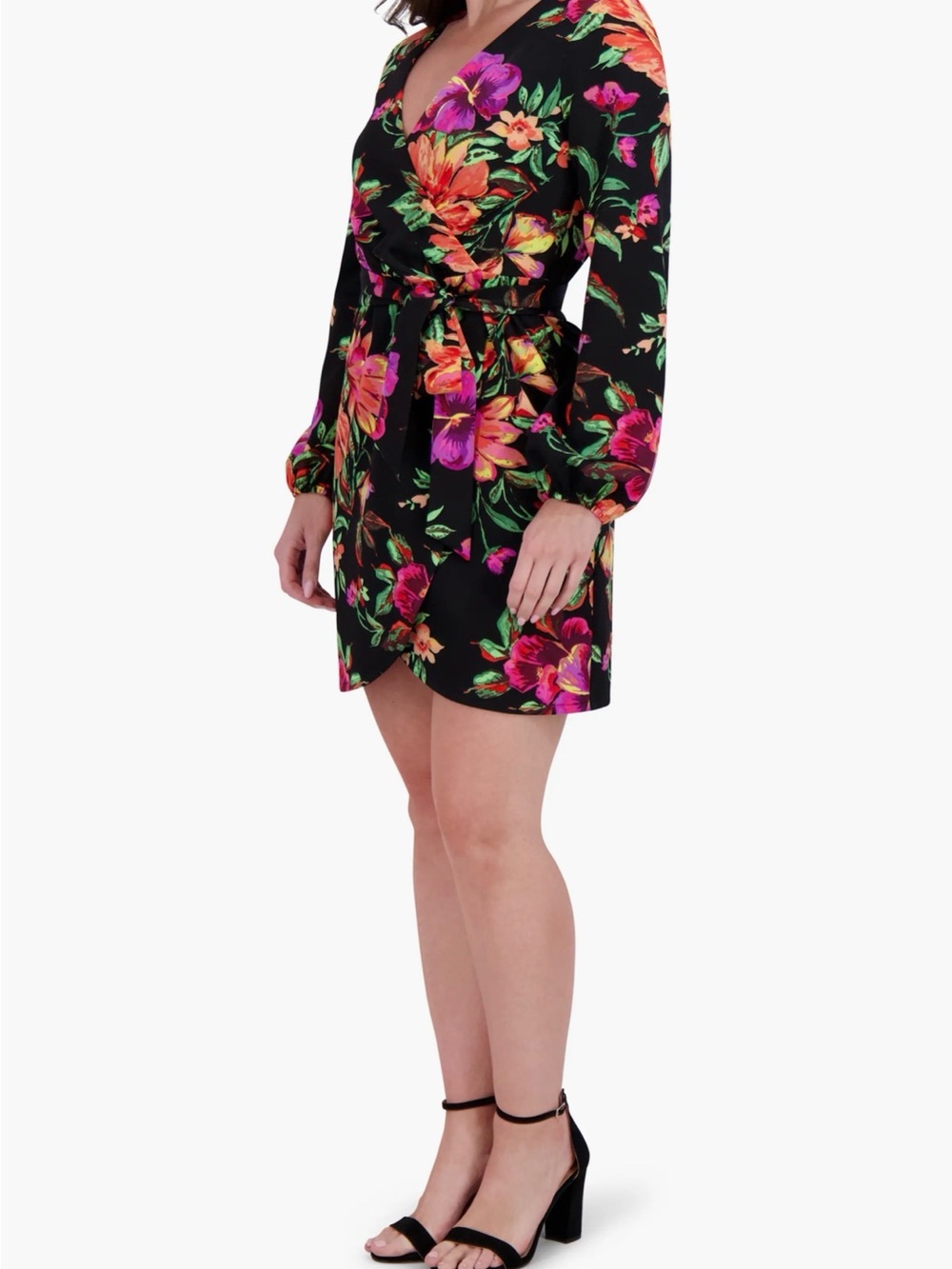 Siena Studio Black Floral Wrap Dress with Pink and Orange Blooms - Picture 4 of 11